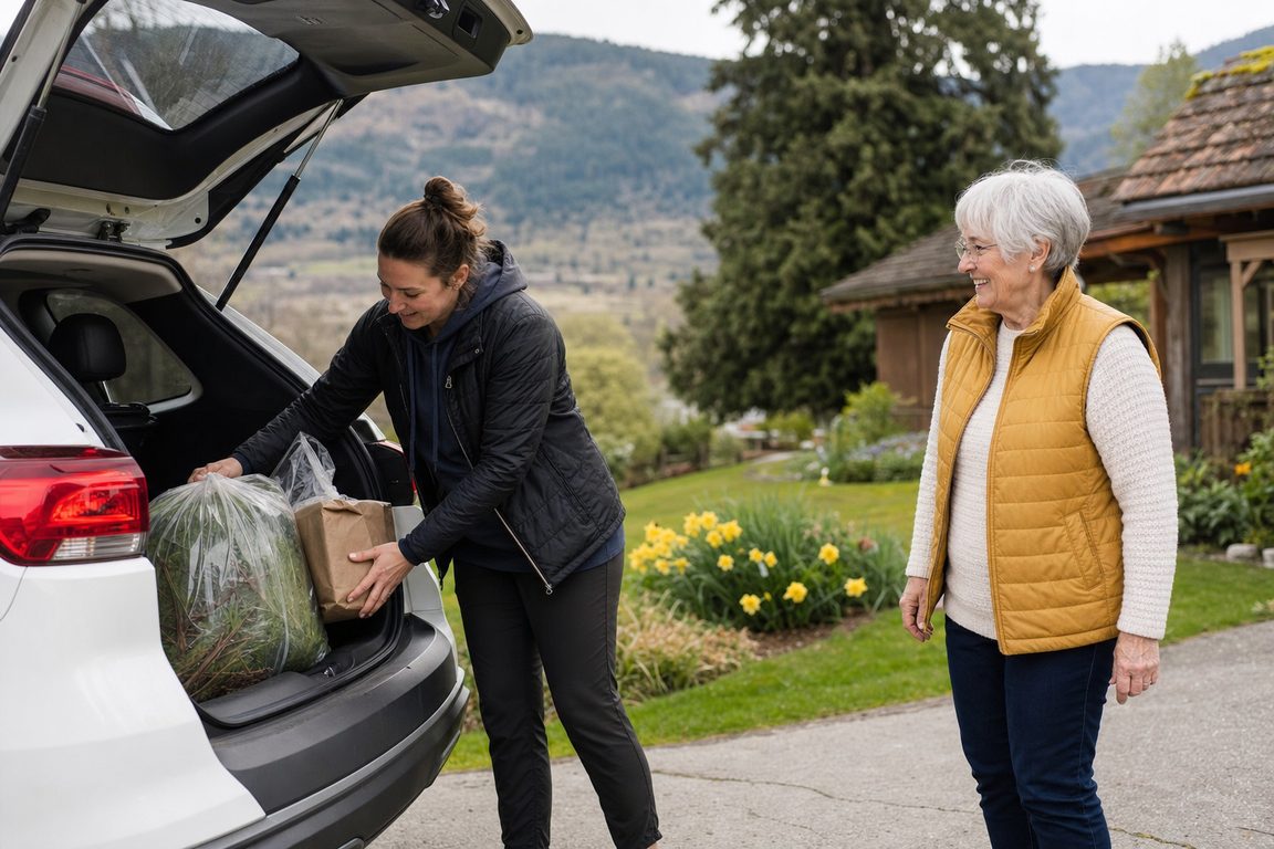 A helper loading light yard items and a parcel for an older adult in a Fraser Valley driveway.