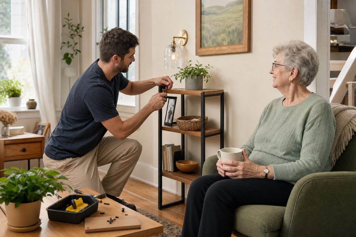A helper completing a small home task while an older adult watches comfortably.